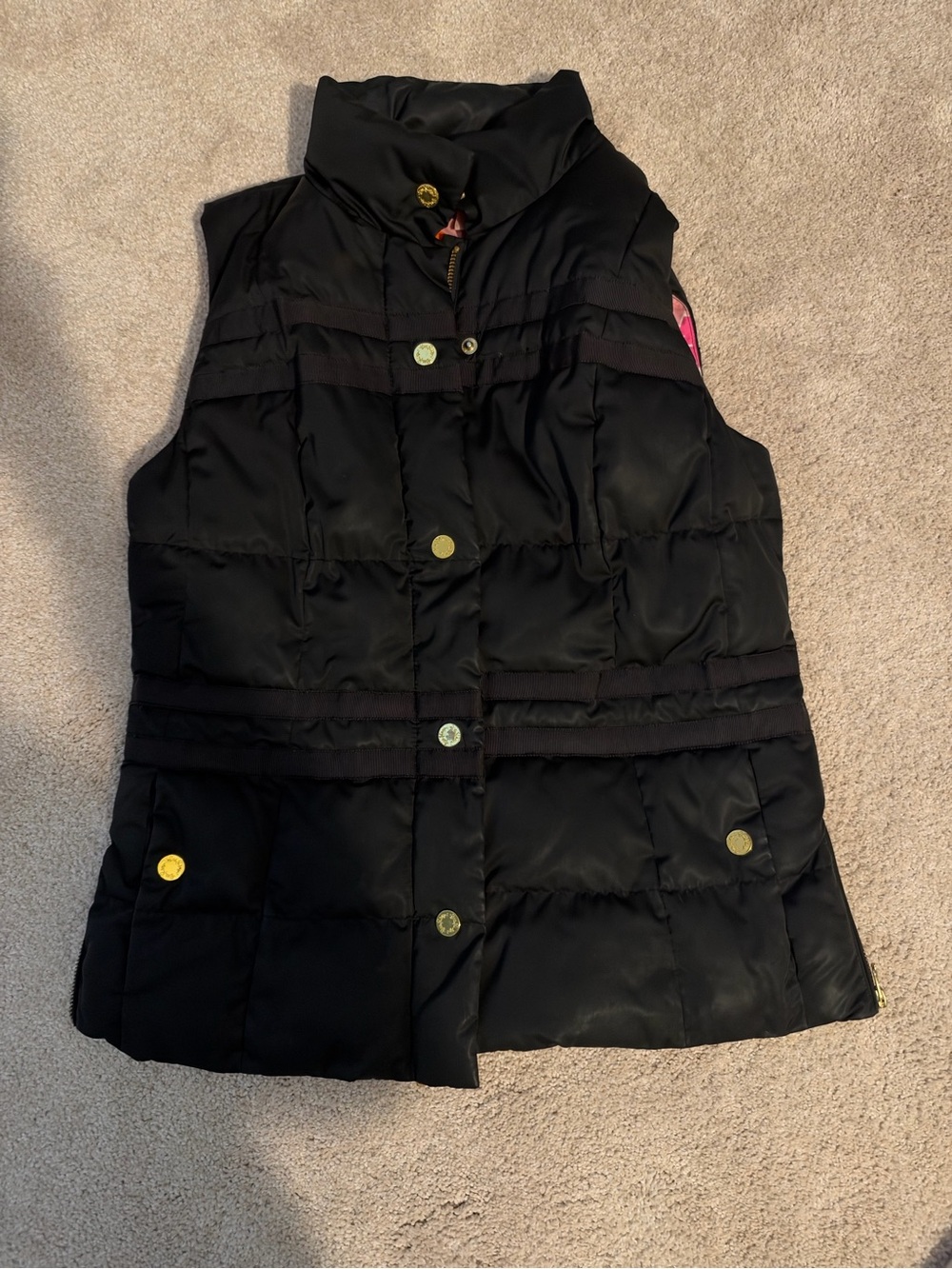 Lilly Pulitzer Black Quilted Puffer Vest with Gold Buttons